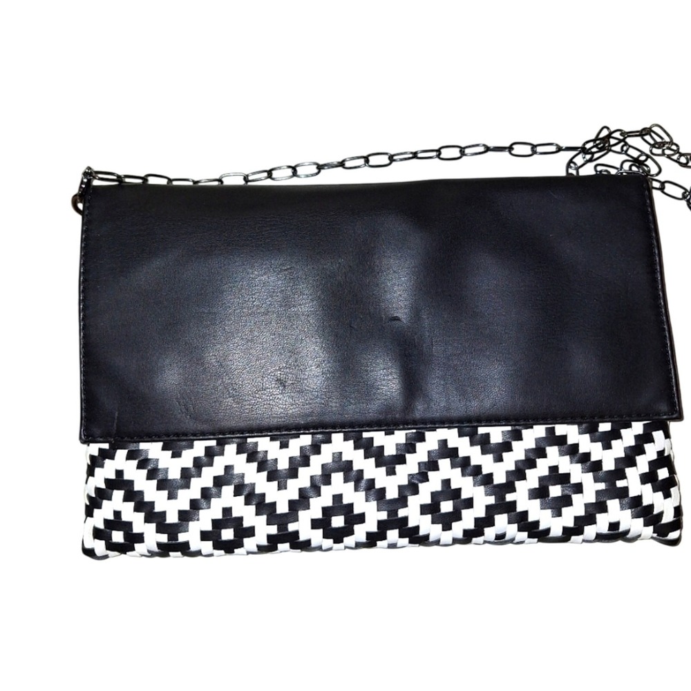 Deux Lux Black White Woven Geometric Foldover Clutch Crossbody Bag Vegan Leather